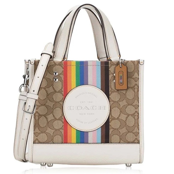 Coach Dempsey Tote 22 In Signature Jacquard With Rainbow Stripe And Coach Patch - Picture 1 of 15